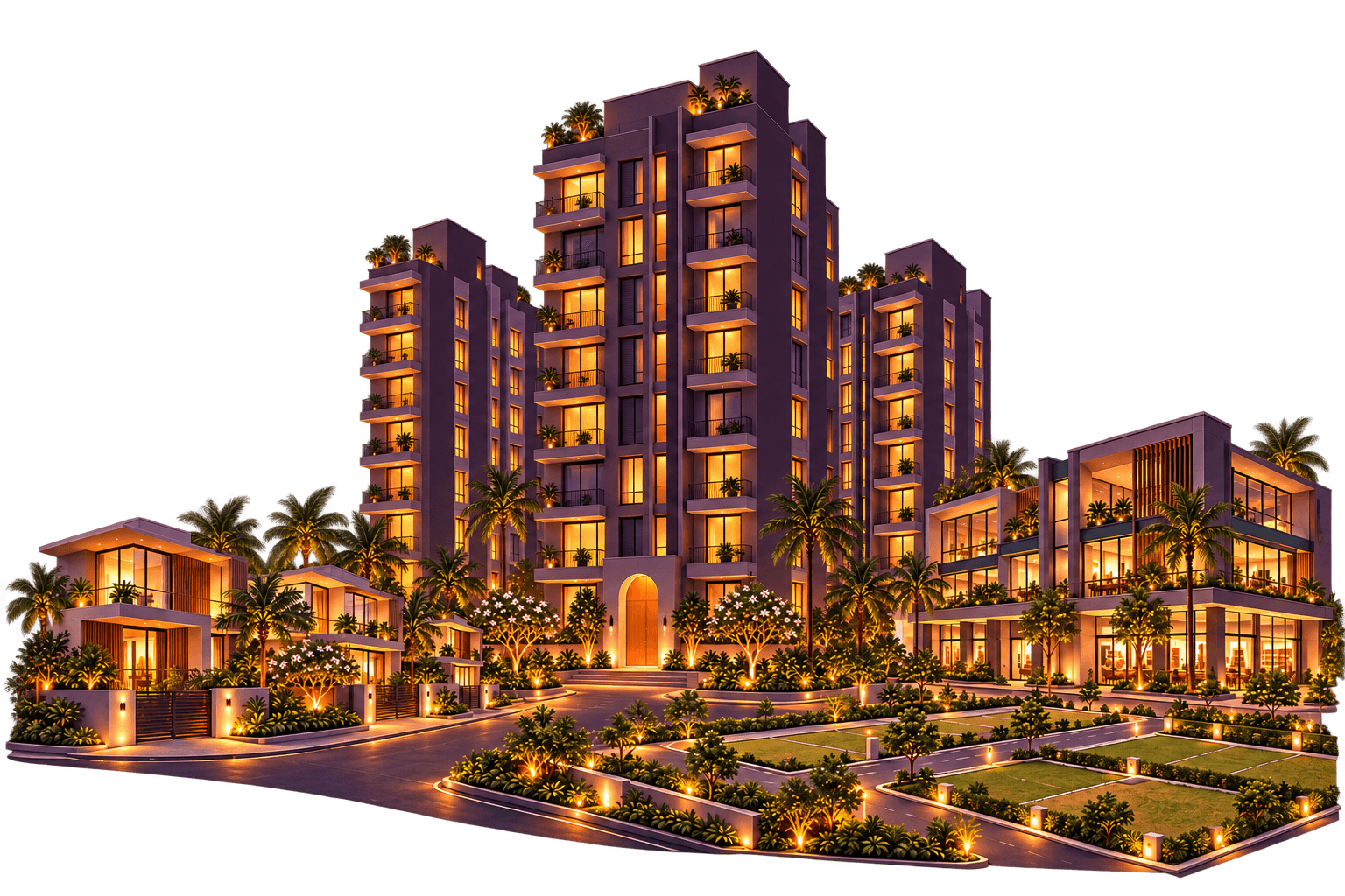 Residential towers and villas at dusk with lit windows, palms and landscaped gardens